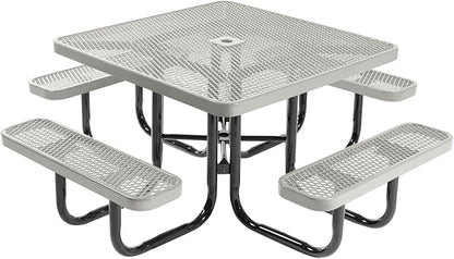 COATEDOUTDOORFURNITURE Heavy-Duty Portable Outdoor Picnic Table with Umbrella Hole, Expanded Metal Commercial-Grade Patio Dining Furniture Made in America (46" Square Top, Grey)
