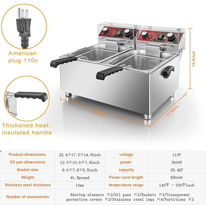 Mvegoiuok Commercial Double Deep Fryer With 2 Basket large deep fryer 3600W Electric Oil Fryer Pot for Home Use 25QT Fish Fryer With Oil Filtration Stainless Steel Frier