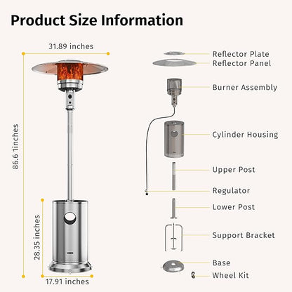 EAST OAK Anti-rust 50,000 BTU Patio Heater for Outdoor Use With Double-Layer Stainless Steel Burner, Round Table Design and Wheels, Outdoor Patio Heater for Home and Commercial, Stainless Steel