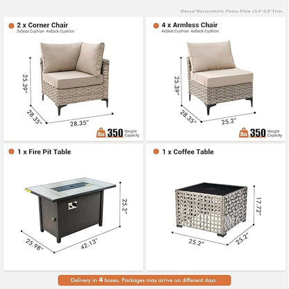 Outdoor Sectional Patio Furniture Set with Fire Pit Table and Glowing Table,8 Pieces Wicker Conversation Sets L Shaped Couch Out Door Sofa Set Outside Furniture for Garden Deck Yard,Beige