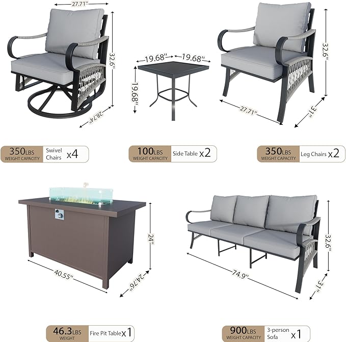 10 Pieces Patio Conversation Sets, All Weather Metal Outdoor Furniture Set, 3-Seater, 4 Swivel Rockers, 2 Single Chairs, 2 Side Tables, 1 Fire Pit Table for Backyard Garden Deck Porch Poolside, Gray