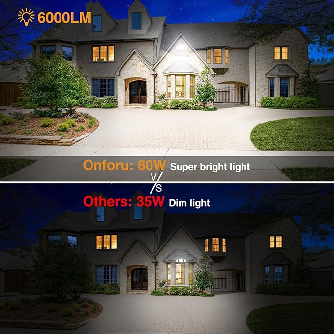 Onforu 3 Packs 60W LED Security Light, 6000LM Outdoor Flood Lights Fixture with 3 Adjustable Heads, IP65 Waterproof, 6500K White Brightness Exterior Wall Mount Security Light for Eave, Yard(White)