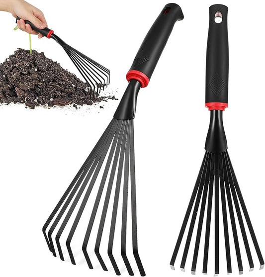 VANZACK 2pcs Gardening Hand Rakes Metal Ash Rakes Hand Tiller Mini Garden Cultivator Tools Portable Rake with Handle and 9 Tines for Yard Lawn Shrub Flower Beds