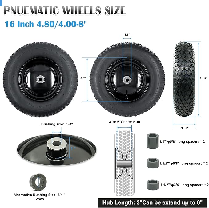 4.80/4.00-8" Pneumatic Tire and Wheel Assy,2PR (Air Filled)- 5/8"or 3/4" Powdered Metal bushings and 3"or 6"Center Hub, for Wheelbarrows,Garden and Utility Carts,Trolleys,Wagon and More