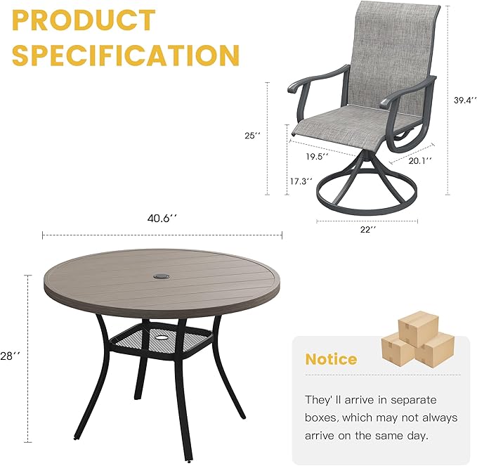 VICLLAX Patio Dining Set for 4, 5 Pieces Outdoor Furniture Includes 40.6" Round Patio Table with Umbrella Hole and 4 Outdoor Swivel Chairs for Lawn Garden, Grey Wood Grain Tabletop and Grey Fabric