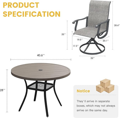 VICLLAX Patio Dining Set for 4, 5 Pieces Outdoor Furniture Includes 40.6" Round Patio Table with Umbrella Hole and 4 Outdoor Swivel Chairs for Lawn Garden, Grey Wood Grain Tabletop and Grey Fabric