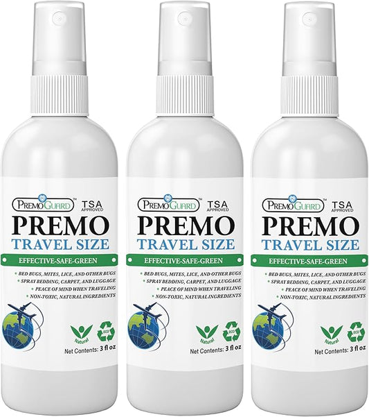 Premo Guard Travel Bed Bug, Mite & Lice Spray 3 oz - TSA Carryon Approved - Natural Stain & Odor Free - Public Transportation, Accommodations & Luggage - Chid & Pet Safe (3 Pack)
