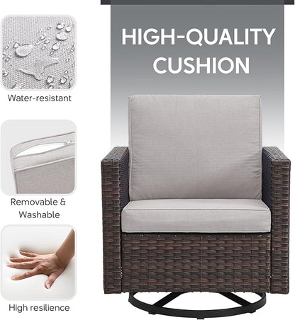 7 Piece Wicker Patio Furniture Set - Outdoor Swivel Rocker Chairs Set with Coffee Table, Side Table, 3 Seat Sofa & Ottomans, Small Patio Conversation Sets for Balcony Deck - Brown/Beige