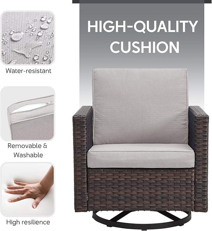 Outdoor Swivel Rocker Chairs - 5 Piece Patio Bistro Set Wicker Patio Rocking Chairs Set with Side Table and Ottomans, 360° Swivel Glider Proch Furniture for Balcony Deck - Brown/Beige