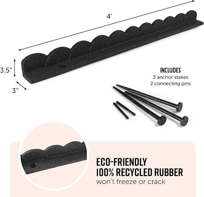 Playsafer L Shaped Flexible Rubber Scalloped Edger for Lawns Landscaping and Playground | Easy No Dig Installation| 4' Long (4, Dark Gray)