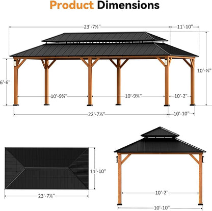 Modern Shade The Horizon Permanent Hardtop Gazebo 12' x 24' with 4 LED Lights, Outdoor Gazebo w/Galvanized Steel Double Roof, Patio Pavilion w/Decor Hooks, Mosquito Netting and Curtains, Wood-Looking