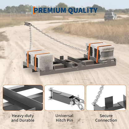 4FT Drag Harrow for ATV, Tractor & UTV, Heavy Duty Tow Behind Driveway Grader with 6FT Chain Link - Landscape Rake for Gravel, Sand, Soil & Hay - Lawn Leveling Tool for Field Yard & Pasture