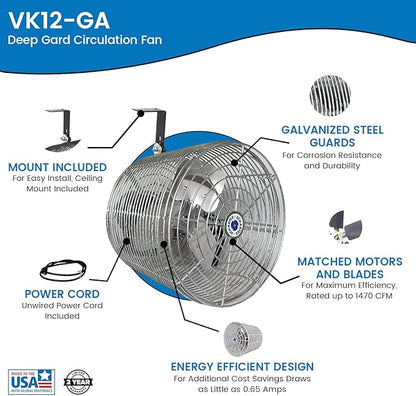 Schaefer VK12-GA VersaKool Air Circulator Fan, Ceiling Wall Mount & Aluminum Blade, 1470 CFM, 1/10 hp, Energy-Efficient Commercial Fan for Patio, Garage, Industrial & Workshop (Silver)