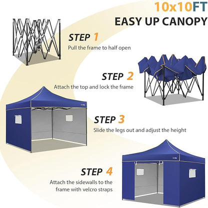 COBIZI Canopy Tent 10x10 Pop Up Canopy, Easy Setup Canopy with Sidewalls Waterproof & UPF 50+, Heavy Duty Commercial Instant Craft Fair Tent for Party, Event, Vendor, Farmer Market(D Bluei)