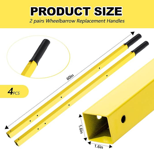 Gisafai 2 Pair Wheelbarrow Replacement Handles Kit 60 Inches Metal Wheelbarrow Handles Heavy Duty Yellow, Easy Install