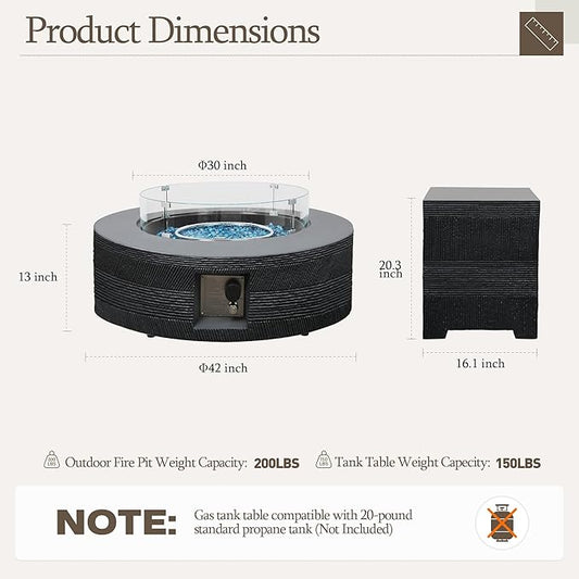 UPHA 42-inch Outdoor Propane Gas Fire Pit Table 50000 BTU Concrete Rectangle FirePit for Outside Patio with Propane Tank Cover, Wind Guad, Navyblue Fire Glass, Rain Cover, Grey Texture