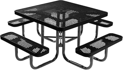 COATEDOUTDOORFURNITURE Heavy-Duty Portable Outdoor Picnic Table with Umbrella Hole, Expanded Metal Commercial-Grade Patio Dining Furniture Made in America (46" Square Top, Textured Black)