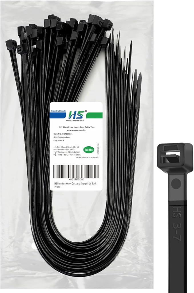 HS Long Heavy Duty Cable Tie Straps Plastic (50 Pack) Outdoor Strong Large Zip Ties 30 Inch,Industrial Zipties 200 Pound Strength UV Black