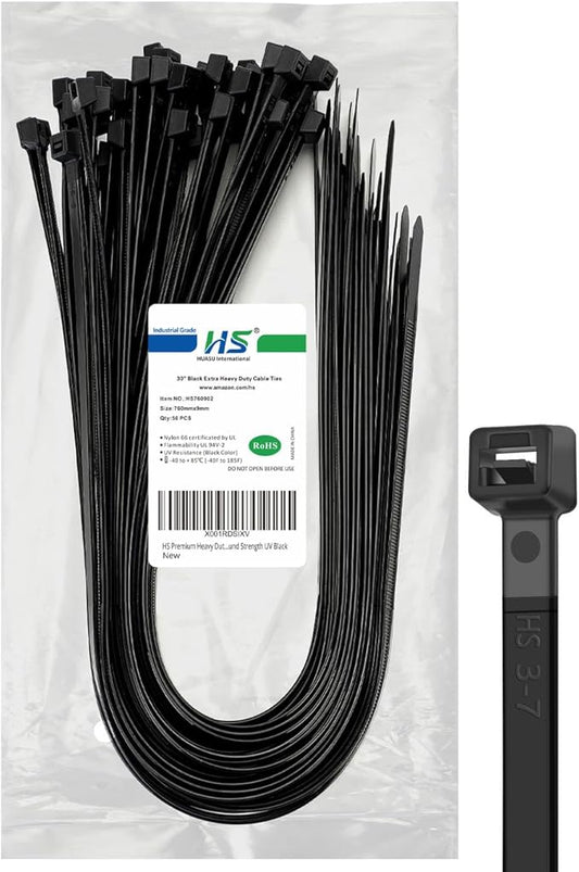 HS Long Heavy Duty Cable Tie Straps Plastic (50 Pack) Outdoor Strong Large Zip Ties 30 Inch,Industrial Zipties 200 Pound Strength UV Black