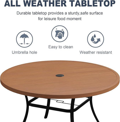 VICLLAX 53" Round Patio Dining Table for 6-8, Metal Outdoor Dining Table with Umbrella Hole for Patio, Garden, Balcony, Walnut
