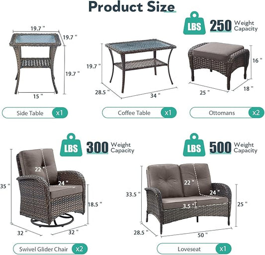 7 Piece Patio Furniture Set - Wicker Patio Conversation Set with Swivel Glider, Loveseat Bench, 2 Ottomans, Glass Side Table and Coffee Table for Deck Backyard - Brown Wicker Grey Cushion