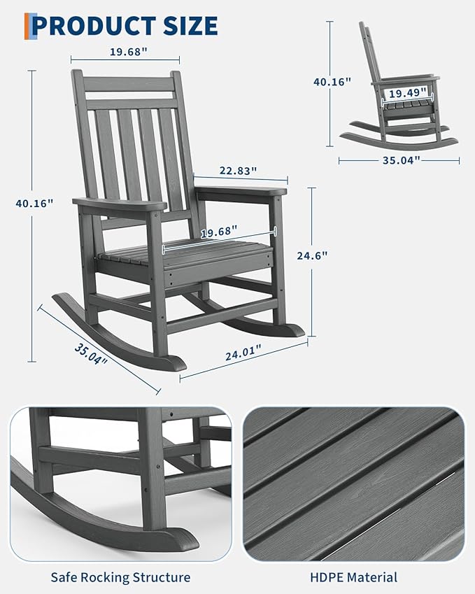 GarveeLife Poly Lumber Rocking Chair Outdoor Set of 6- HDPE High Back Porch Rocker Chairs for Adults - All Weather Resistant Furniture for Patio - Gray