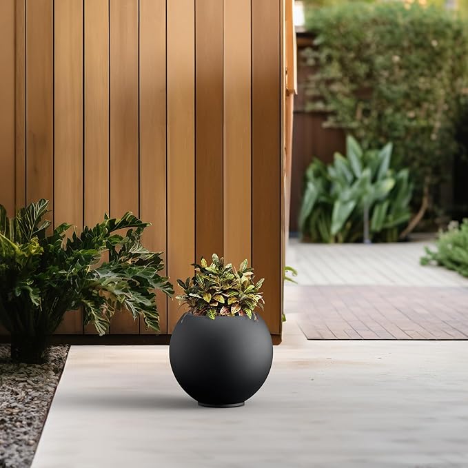 Kante Round Concrete Flower Pot, 11 Inch Dia (7.9" Opening) Sphere Shape Design Planter with Drainage Hole and Rubber Plug for Indoor & Outdoor Plants, Black Finish with Warm Brown Interior