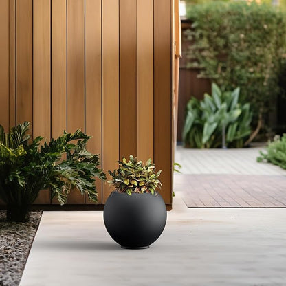 Kante Round Concrete Flower Pot, 11 Inch Dia (7.9" Opening) Sphere Shape Design Planter with Drainage Hole and Rubber Plug for Indoor & Outdoor Plants, Black Finish with Warm Brown Interior
