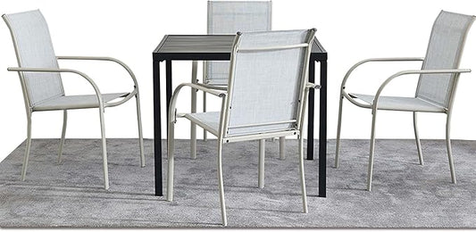 5 Pieces Round Dining Table Set for 4, Patio Dining Set Includes 4 Beige Blue Stackable Patio Chairs and Black Square Table, Patio Furniture Sets with Sling Support for Outside, Garden