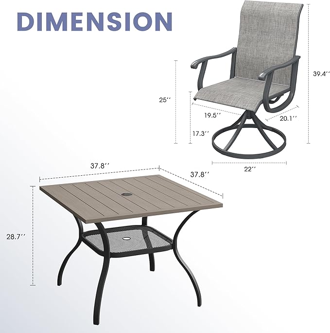 VICLLAX 5 Pieces Outdoor Dining Set, Patio Furniture Set of 4 Patio Swivel Dining Chairs and Square Patio Table with Storage Shelf for Backyard Lawn Garden, Grey Chairs & Antique Grey Tabletop