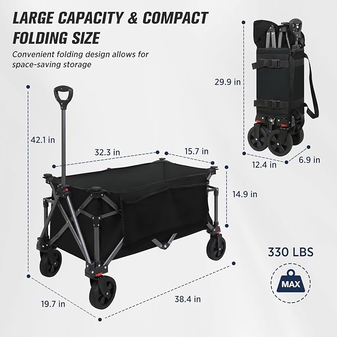 EAGLE PEAK Heavy-Duty Collapsible Folding Utility Wagon, All Terrain Garden Hand Cart with Large Size Pocket and Cup Holders for Sports, Beach, Camping, Garden, and Grocery, Black