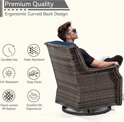 4 Piece Patio Furniture Set, 2 Swivel Glider Chairs and 2 Ottomans PE Wicker Footstool, Outdoors Rattan Conversation Set with Deep Seating and Olefin Cushions, for Backyard, Garden, Navy