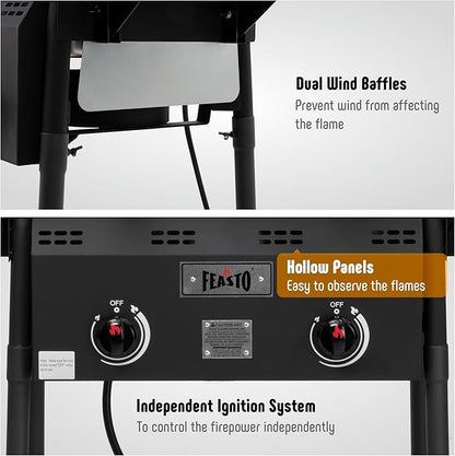 Outdoor Propane Deep Fryer,Dual Tank with Dual Independent Cast Iron Burners and Thermometers,Removable Fryer Pot,Baskets & Lids, Movable Propane Fryer Cart with Regulathor,50000 BTU