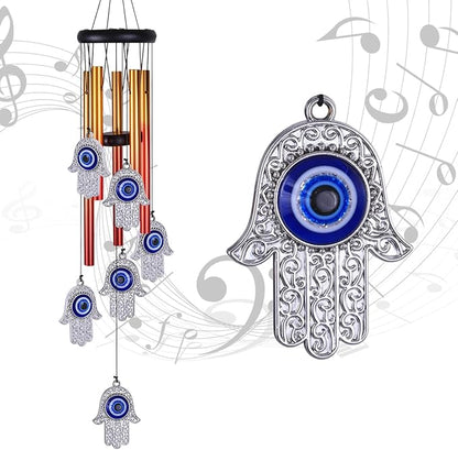 Blue Evil Eye Hand of Fatima Wind Chimes Outdoor Decoration, Evil Eye Wind Bells, Hamsa Hand Windcatcher, Fatima's Holy Hand Blue Evil Eye Amulet Wind Chimes for Home,Gift for Mom,Balcony,Patio,Garden