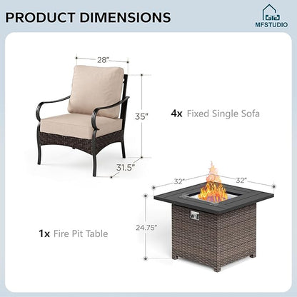 MFSTUDIO 5 Pieces Outdoor Patio Furniture Set, Metal Outdoor Conversation Sofa, Rattan Wicker Patio Sectional Sofa Set with 4 x Fixed Single Sofa, 1 x Fire Pit Table, Beige