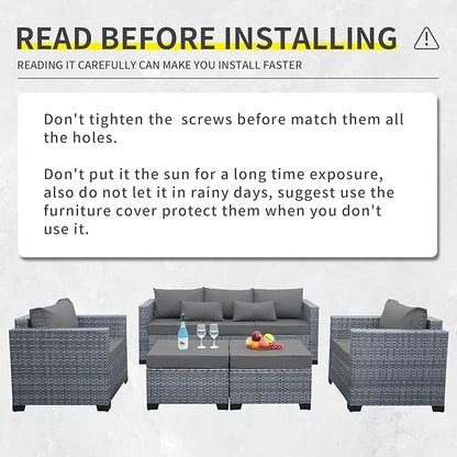 Patio Furniture Set, 5-Piece Outdoor Wicker Conversation Set with All-Weather PE Rattan, Anti-Slip Cushions & Ottomans, Sectional Sofa for Patio, Balcony & Deck, Grey