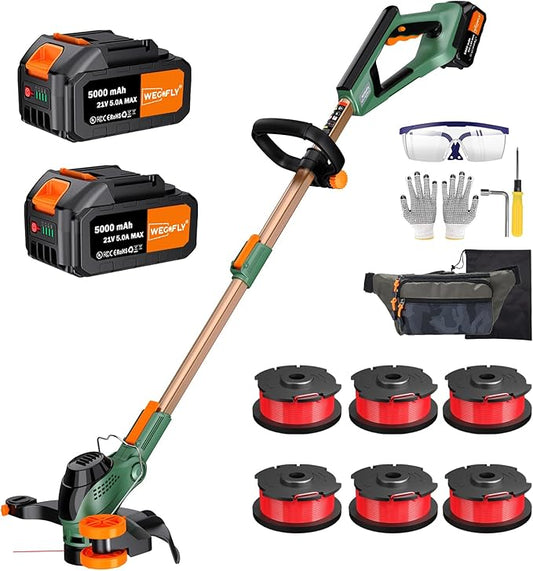13-Inch String Trimmer Cordless,(2 x 21V 5.0Ah Batteries & Charger), 2 in 1 Trimmer & Edger, Electric Weed Wacker with Auto Rope Spool Feed, 6 Pcs 4M Spool Line for Yard, Garden, Green