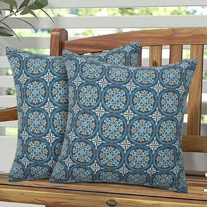 Magpie Fabrcis Pack of 2 Outdoor Waterproof Throw Pillow with Insert 18 x 18 Inch, Christmas Decorative Back Cushion Pad for Garden Patio Tent Balcony Couch Sofa(Morgan Medal Blue)