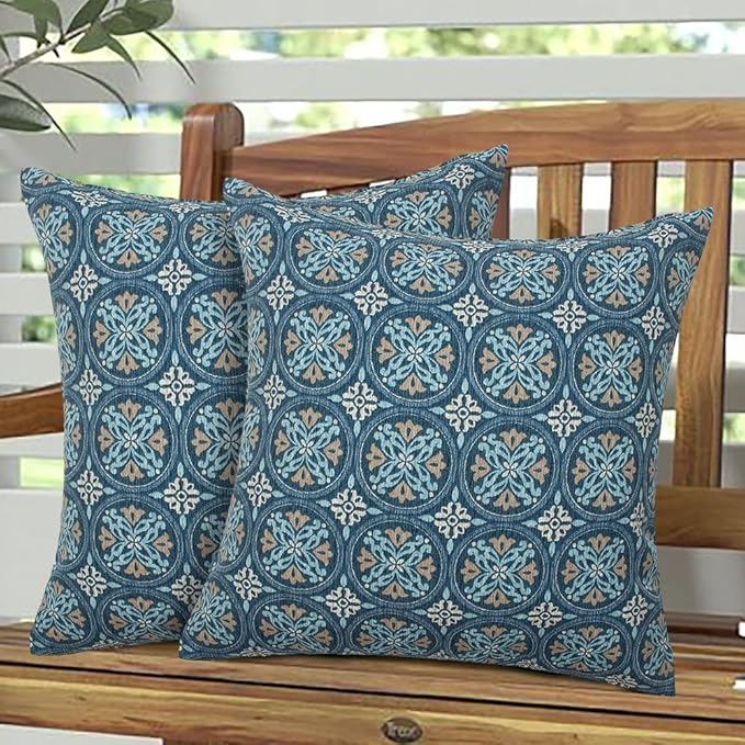 Magpie Fabrics Pack of 2 Indoor Outdoor Waterproof Throw Pillow Covers 18 x 18 Inch, Decorative Pillowcase Shell Cushion Sham for Garden Patio Tent Balcony Couch Sofa(Morgan Medal Print)
