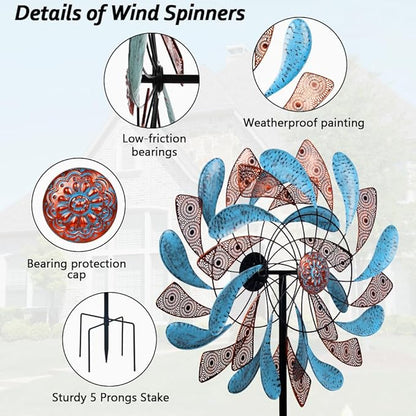 Viveta Large Wind Spinner for Yard and Garden，87.8”H *24.75" D Blue and Copper Colors Metal Outdoor Wind Sculptures & Spinners for Patio Lawn Outdoor Yard Lawn Garden