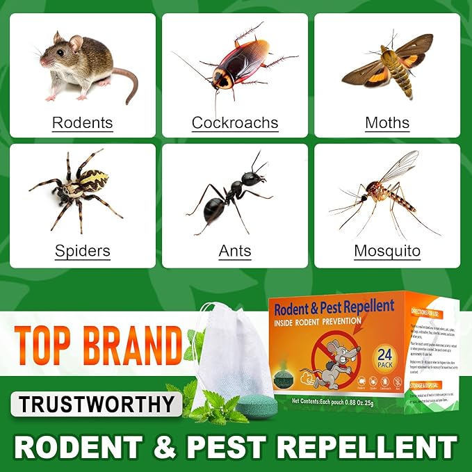 Rodent Mouse Repellent Indoor Outdoor - Peppermint Oil to Repel Mice Mole and Rats, Bug Insect Spider Repellent Pouches, Pest Control Natural Deterrent Safe for Pets & Family 24 Packs