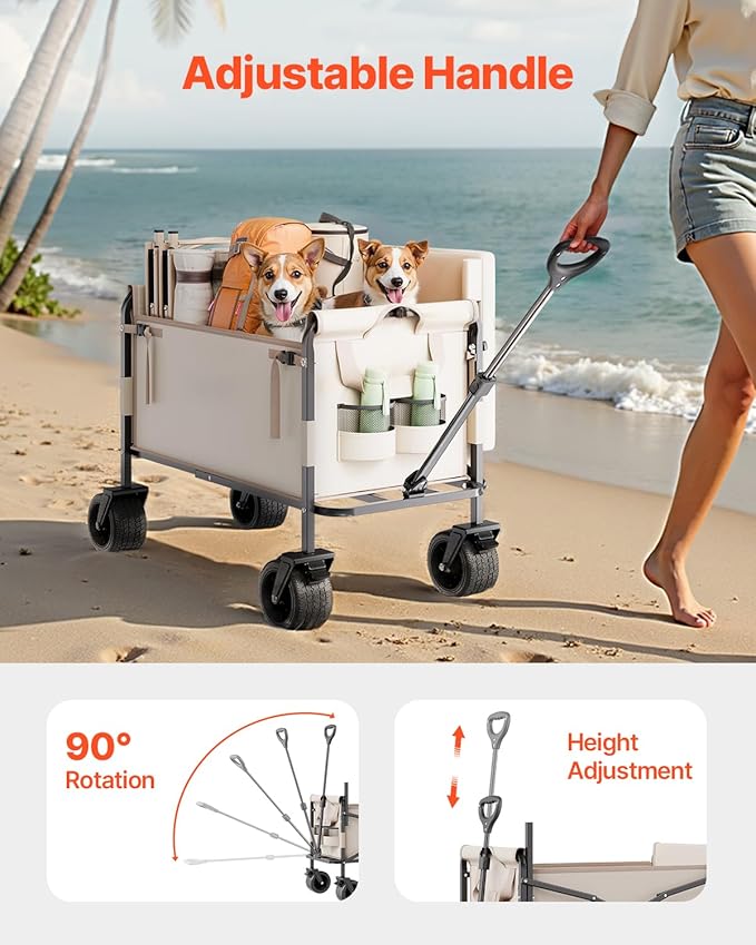 VEVOR 3-in-1 550lbs/220L Large Collapsible Folding Wagon, Convert to Bench, Foldable Beach Wagon with Wheels for Sand, Outdoor Utility Wagon for Groceries, Camping, Sports, Shopping