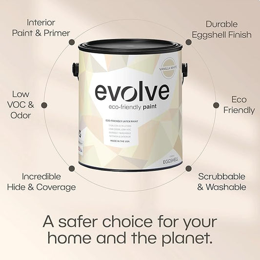 EVOLVE Paint & Primer: Environment-friendly, Low Sheen with One-coat Coverage for Interior & Exterior surfaces (Vanilla White, 5-Gallon)