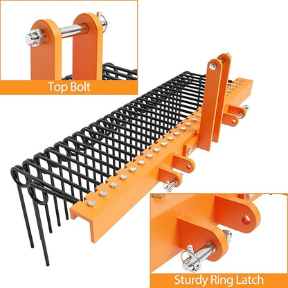 60" Durable Powder Coated, Steel Pine Grass Rake, Steel Spring Landscape Rake, Cat 0 Cat 1 Attaches to Tractor, 3-Point Hitch, Black + Orange