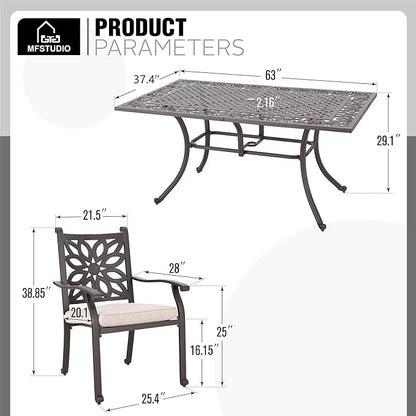 MFSTUDIO Cast Aluminum Patio Dining Set, Retro Design Outdoor Table and Chairs Set with 6×Extra Wide Dining Chair and 1×63" Rectangular Patio Table, Outdoor Dining Set of 6