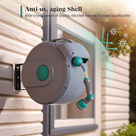 100 ft x 1/2" Retractable Garden Hose Reel | All-weather Water Hose Reel Wall Mounted | Any Length Lock & 180°Swivel, Water Hose with 10-Function Nozzle for Cleaning, Watering (Green)