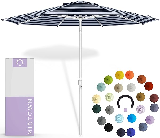 Midtown Umbrellas The Swilt 9 Feet Patio Umbrella in Terylast Navy Stripes (Navy/White) Polyester Fabric - Fiberglass Ribs, Auto-Tilt Aluminum Frame For Backyard, Deck, Garden, Pool - White Pole