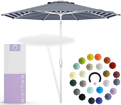 Midtown Umbrellas The Swilt 9 Feet Patio Umbrella in Terylast Navy Stripes (Navy/White) Polyester Fabric - Fiberglass Ribs, Auto-Tilt Aluminum Frame For Backyard, Deck, Garden, Pool - White Pole