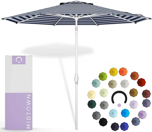 Midtown Umbrellas The Swilt 9 Feet Patio Umbrella in Terylast Navy Stripes (Navy/White) Polyester Fabric - Fiberglass Ribs, Auto-Tilt Aluminum Frame For Backyard, Deck, Garden, Pool - White Pole