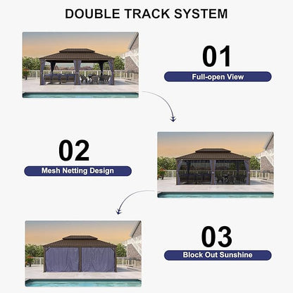 PURPLE LEAF 14' X 20' Outdoor Hardtop Gazebo Patio Wide Aluminum Frame Metal Double Roof with Heavy Duty Netting and Curtains for Permanent Hard Top Pavilion Screen, Navy Blue